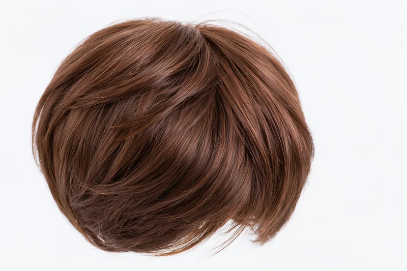 Short brown layered wig displayed against white background
