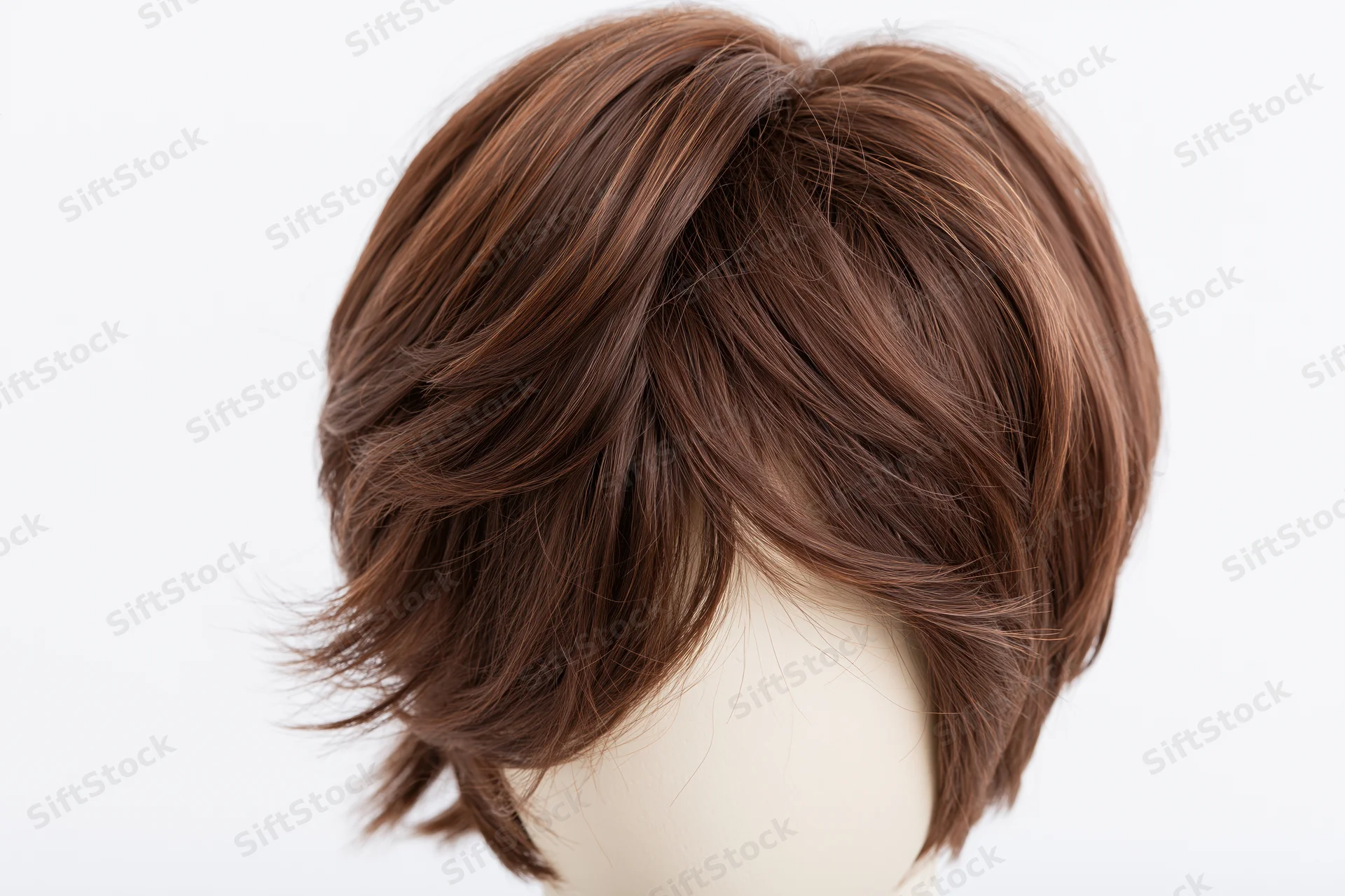 Short brown layered wig on mannequin head against white background