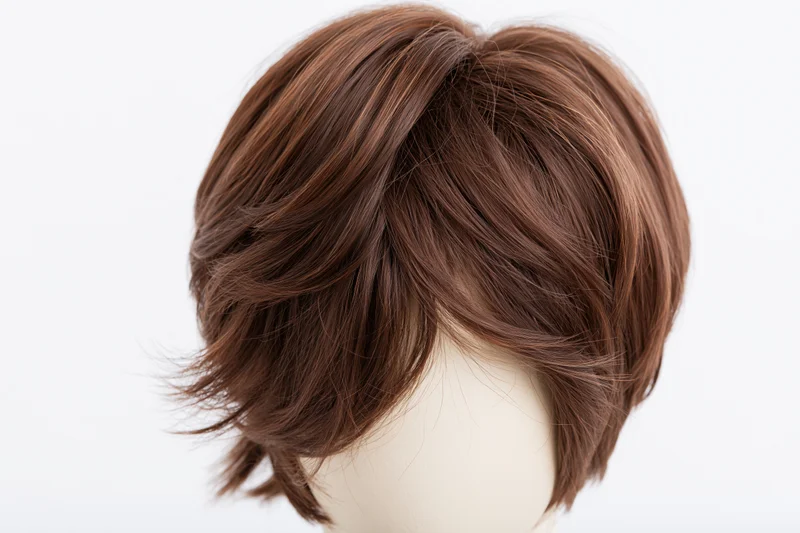Short brown layered wig on mannequin head against white background