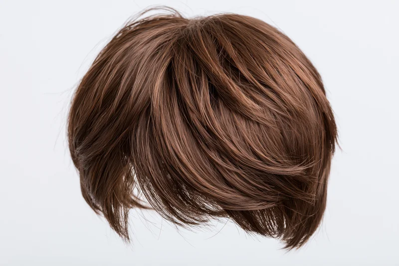 Short brown layered wig displayed against white background