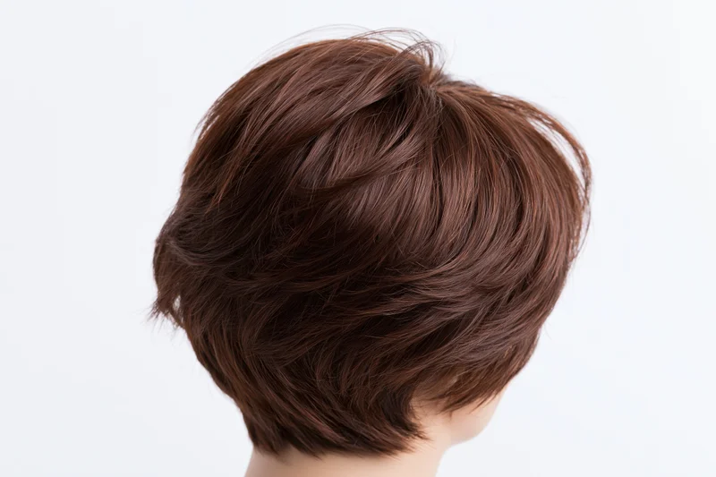 Short brown layered wig displayed on mannequin head against white background