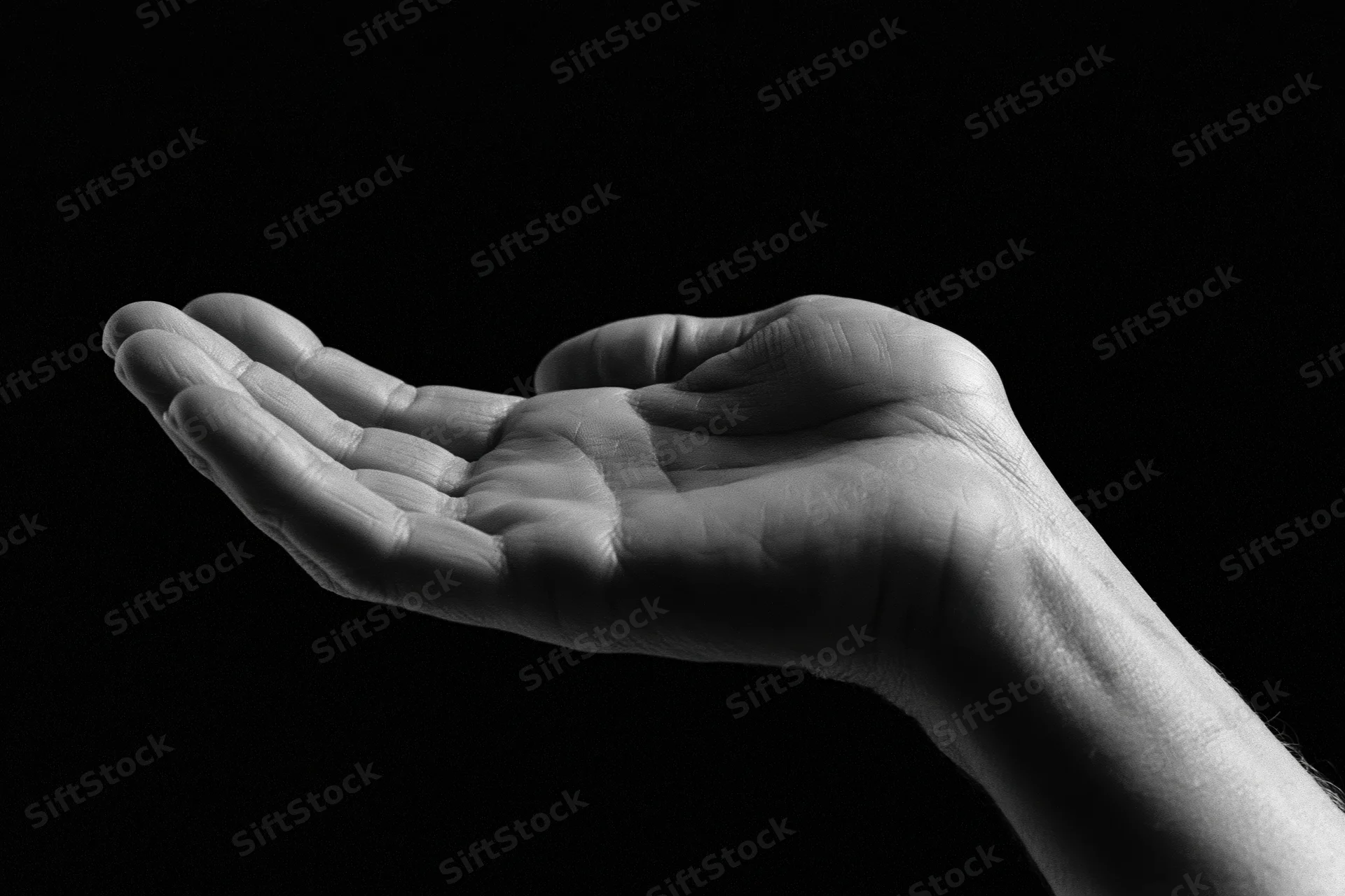 Open hand cupped upward against black background