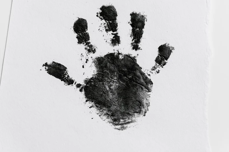 Black ink handprint of a child's hand on white paper