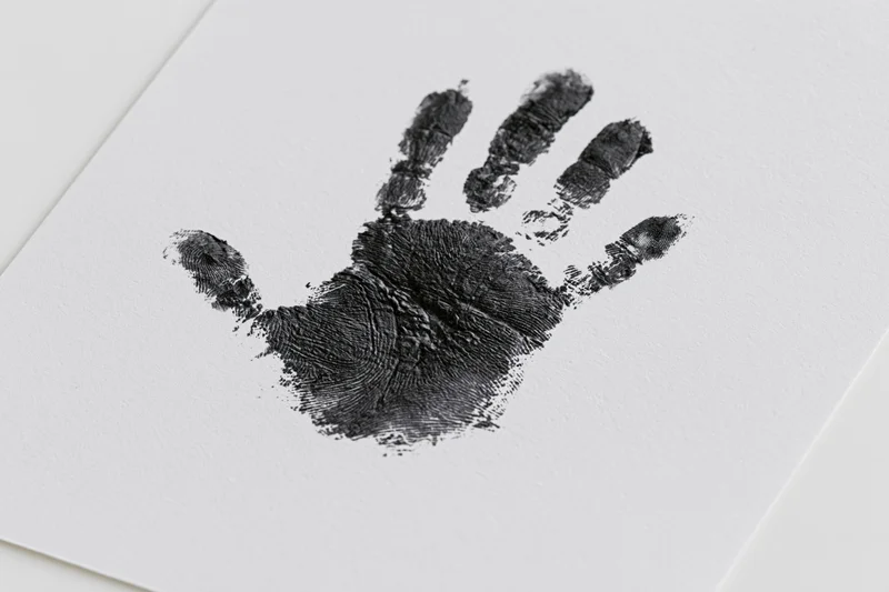 Black ink handprint of a child's hand on white paper