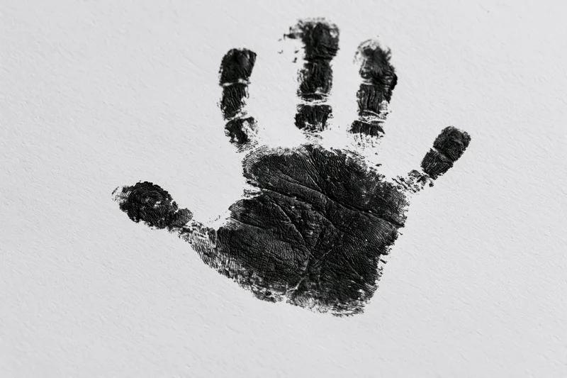 Black ink handprint of a child's hand on white paper