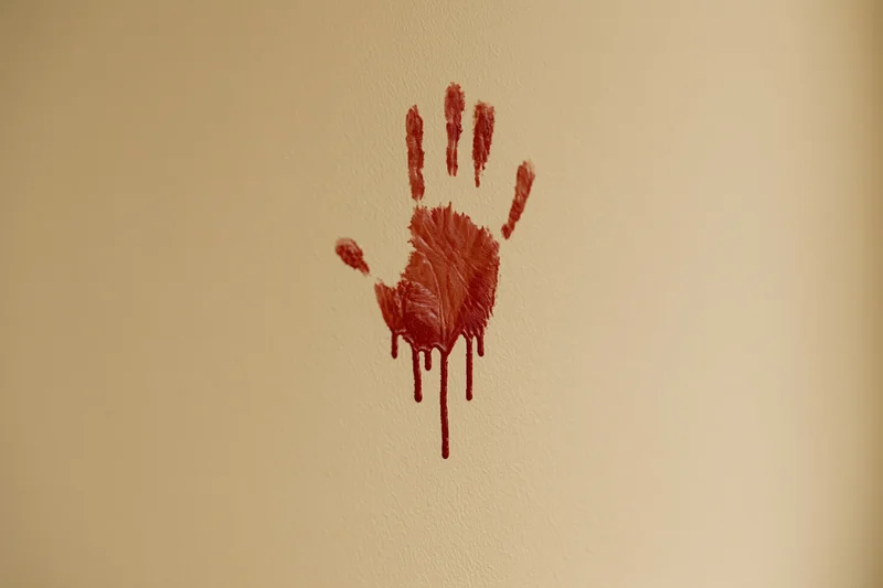 Bloody handprint smeared on beige wall with dripping paint