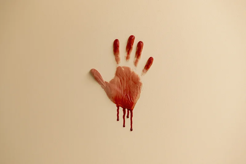 Bloody handprint smeared on beige wall with dripping red stain