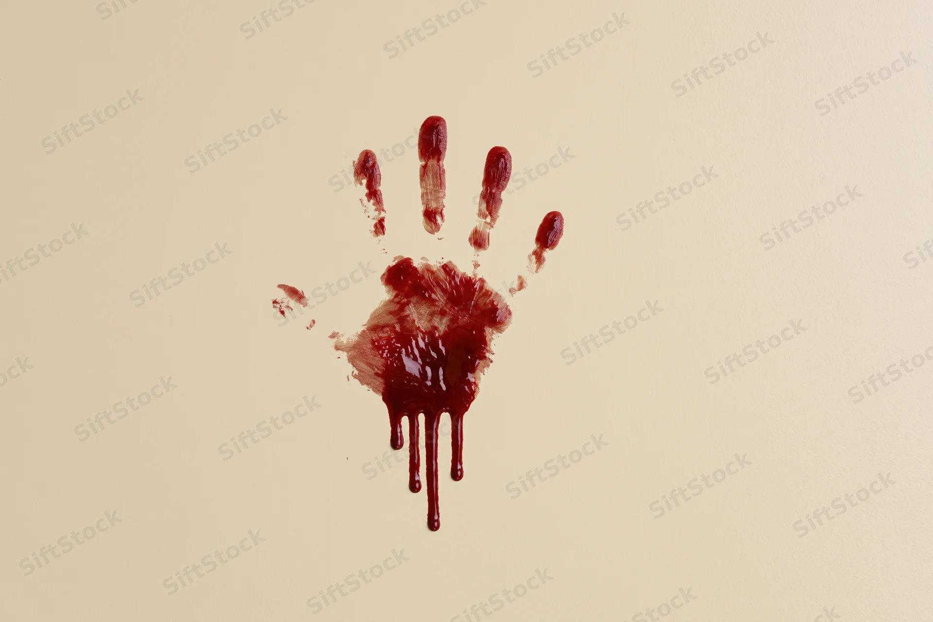 Bloody handprint smeared on a beige wall with dripping red liquid