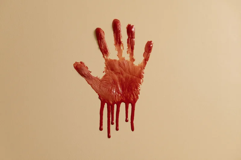 Bloody handprint smeared on beige wall with dripping red paint