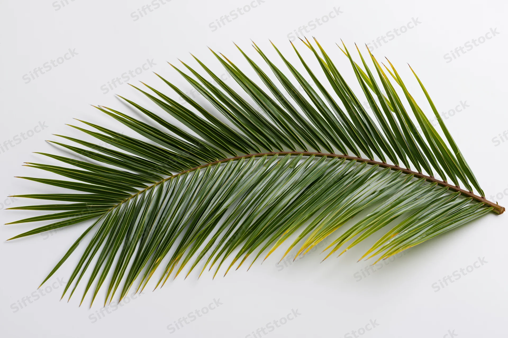 Single coconut palm frond lying flat on white surface