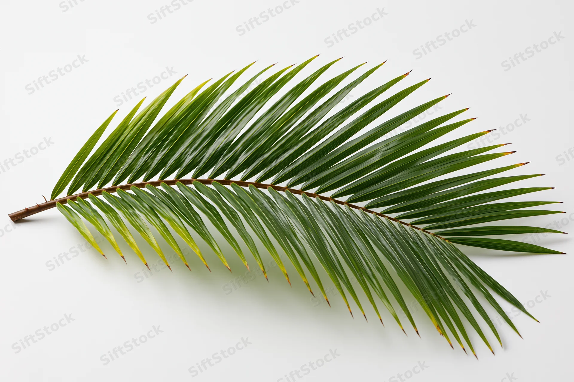 A single coconut palm frond arching gracefully isolated on white background