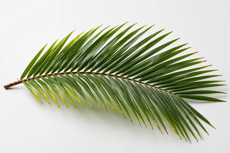A single coconut palm frond arching gracefully isolated on white background