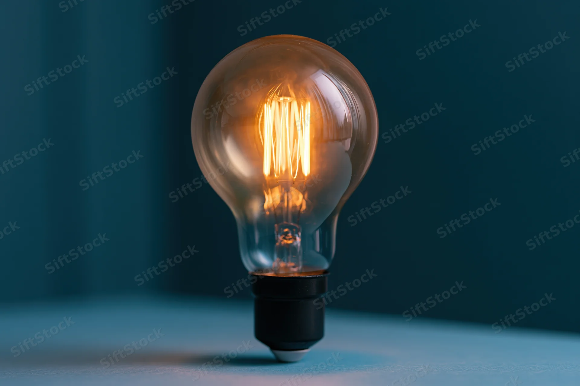 Glowing incandescent lightbulb with visible filament on a blue surface against a dark blue background