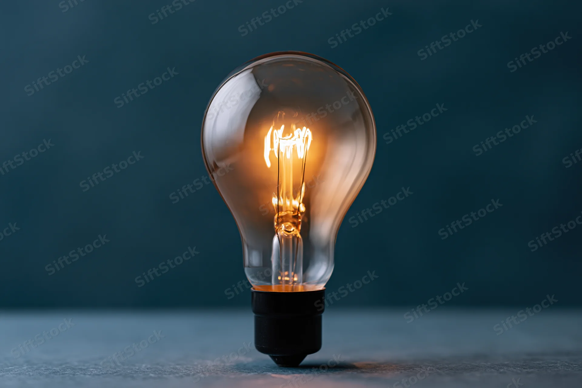 Glowing incandescent lightbulb on a dark surface with soft ambient lighting