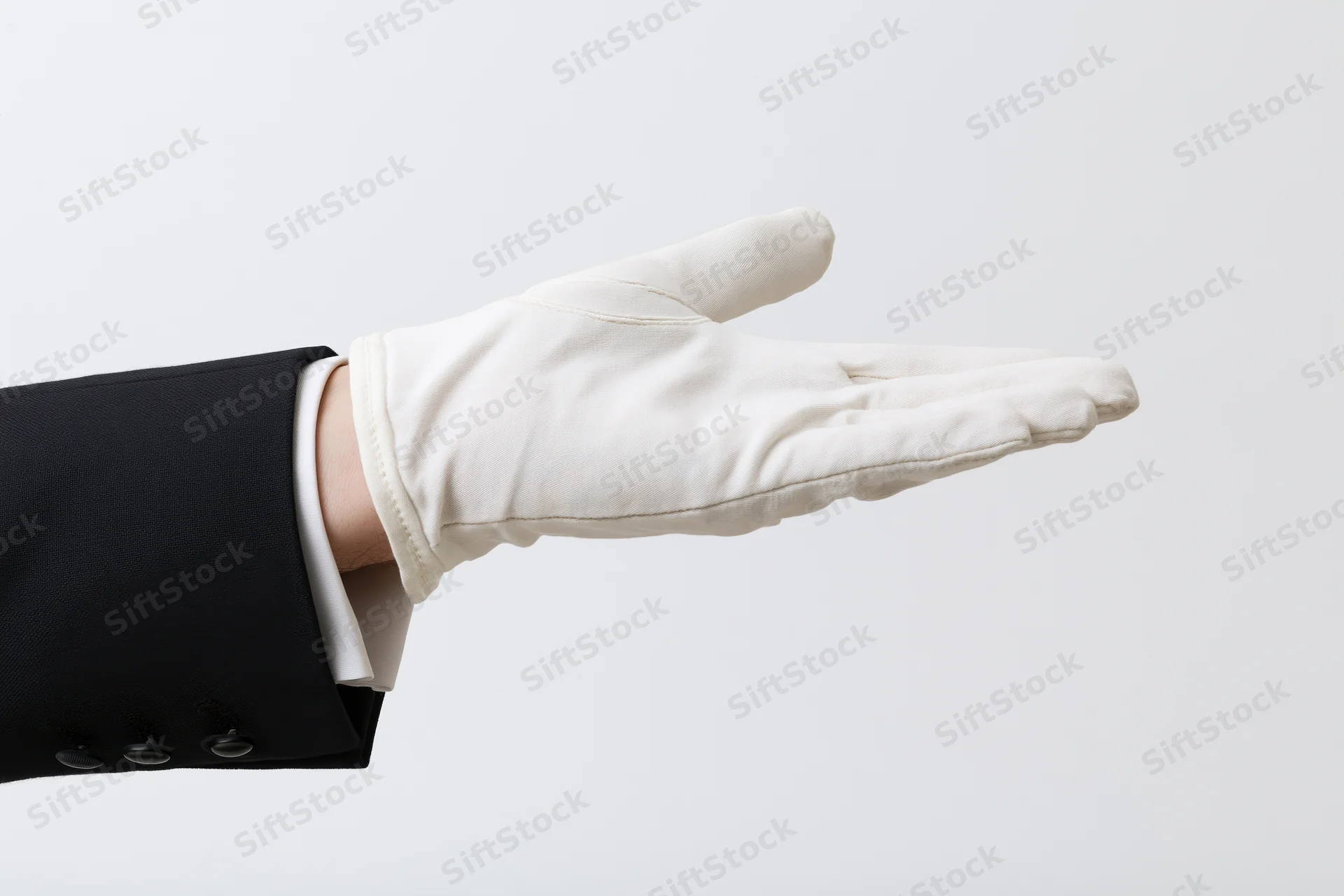 Gloved hand extended palm up in formal suit sleeve against white background