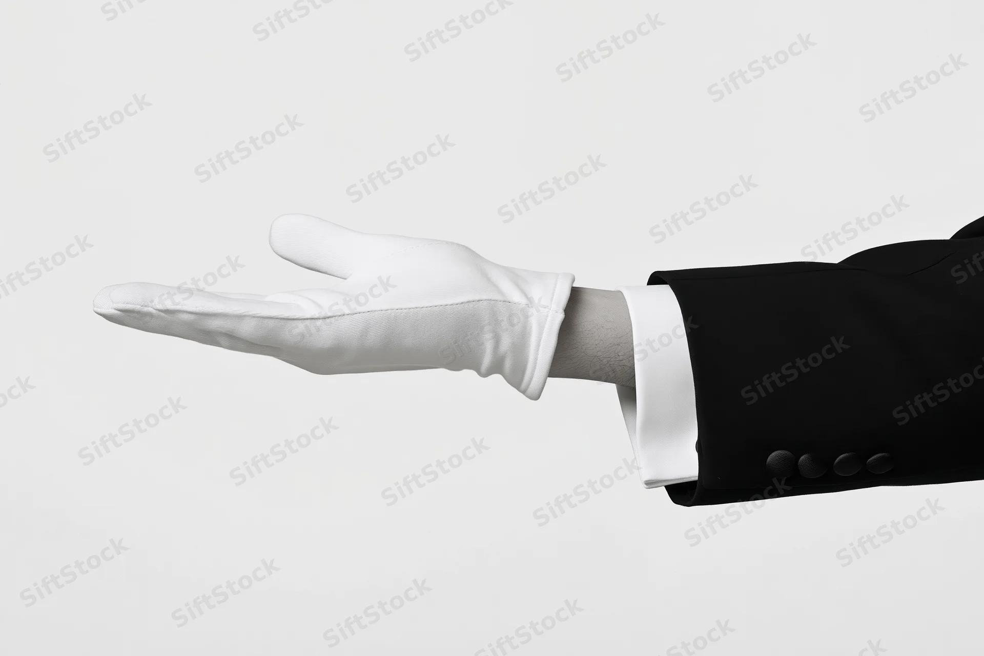 Gloved hand extended palm up in formal suit sleeve against white background
