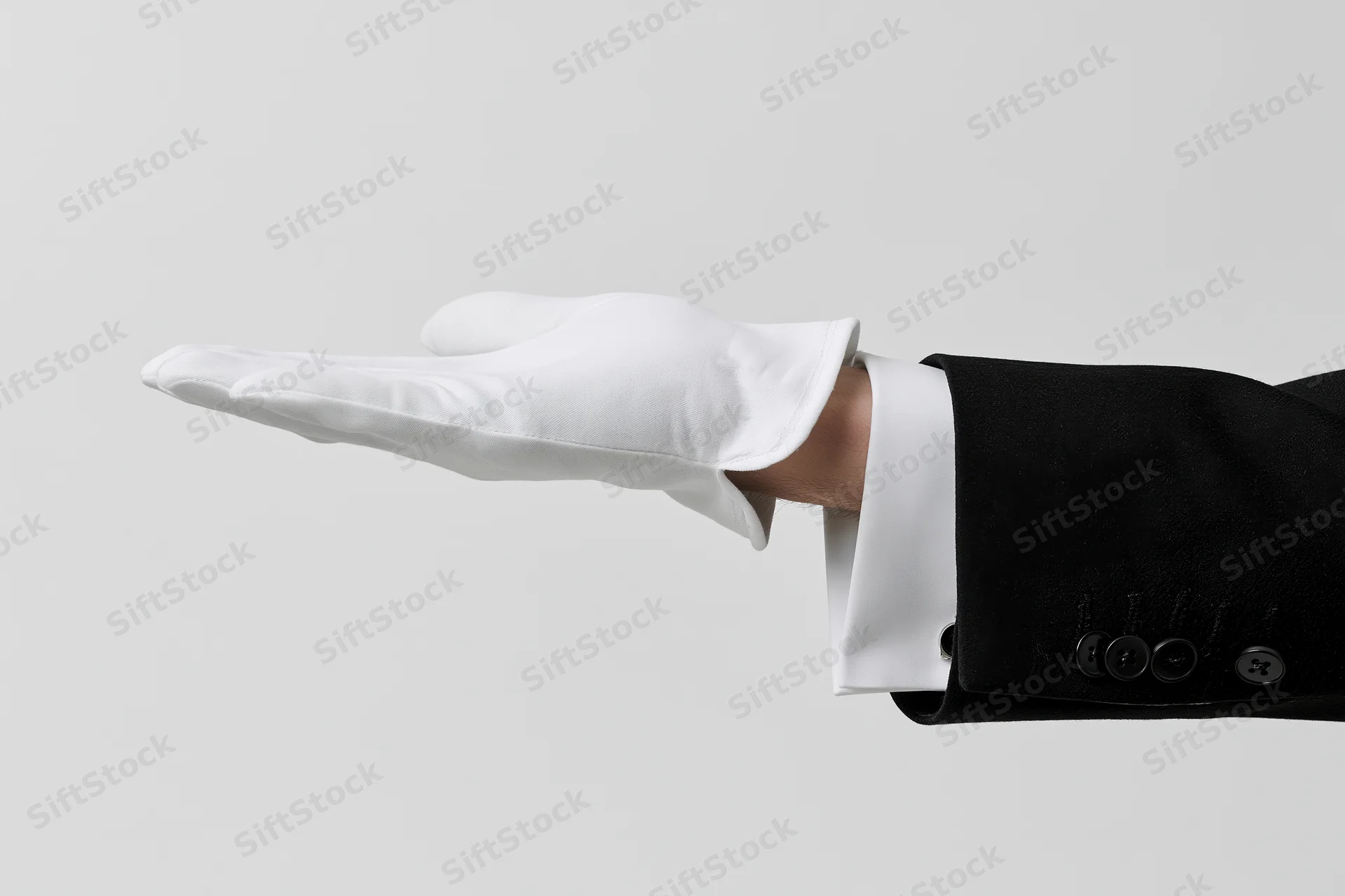 Gloved hand extended palm up in formal suit sleeve against plain background