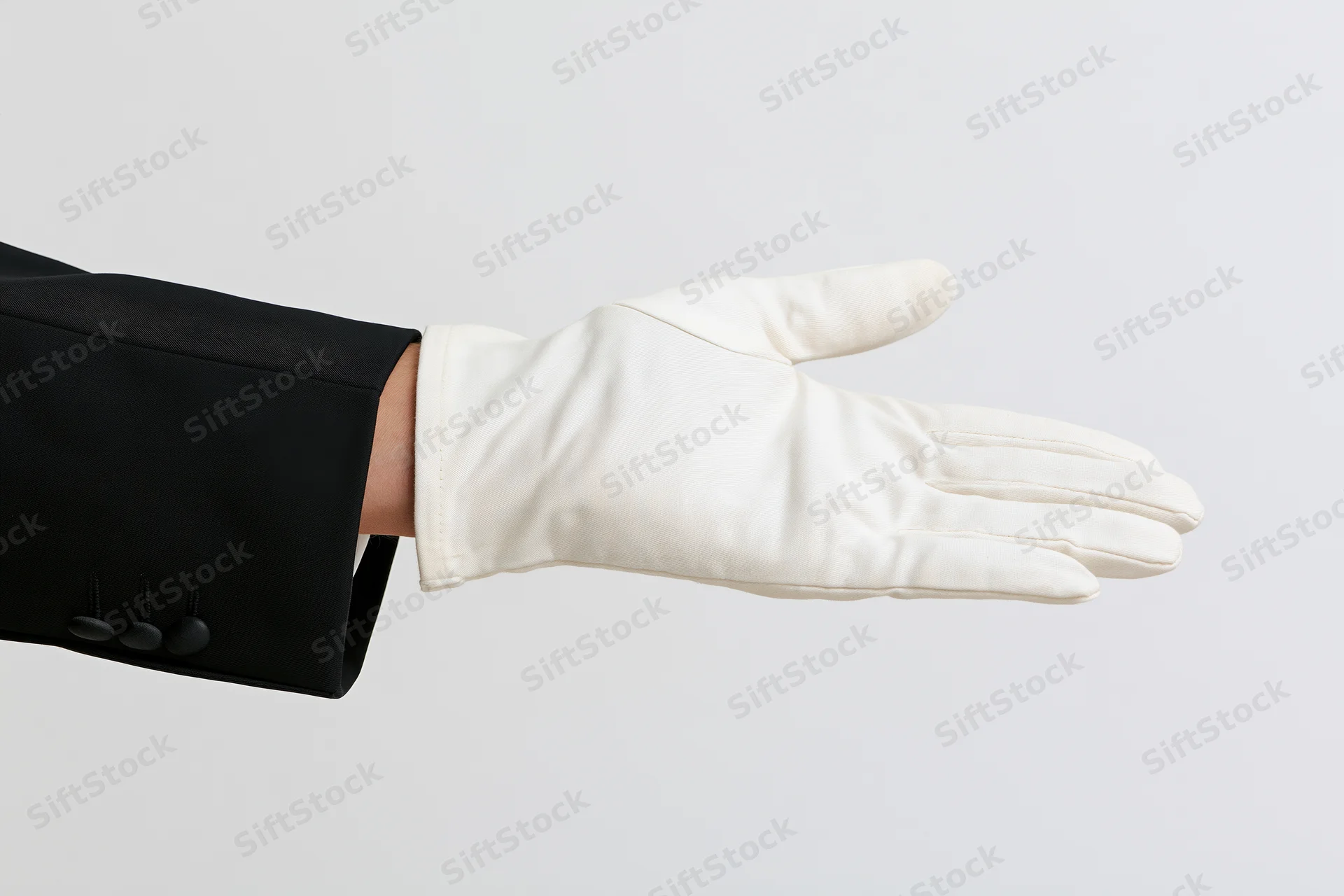 Gloved hand extended palm up in formal attire against white background