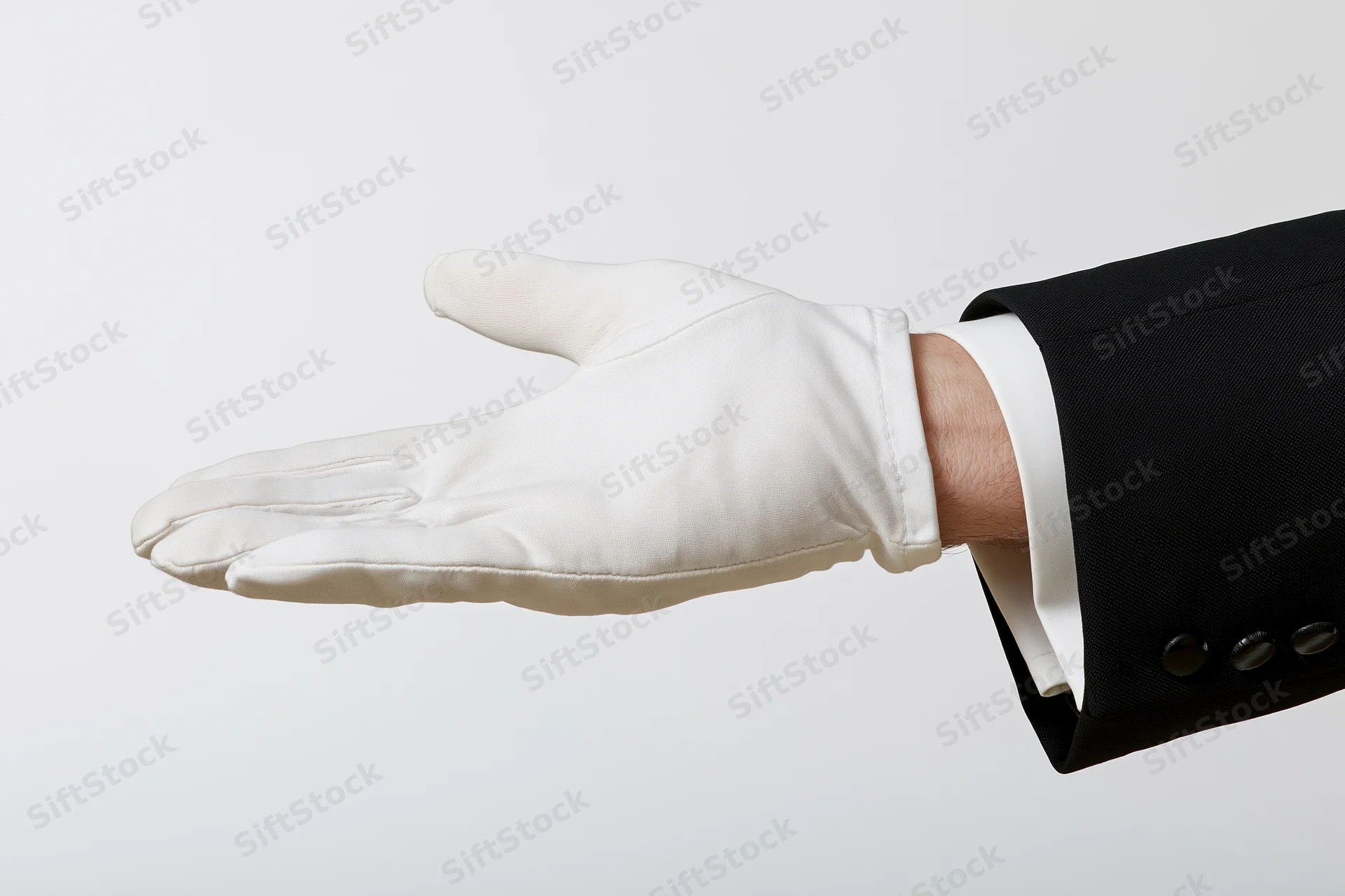 Gloved hand extended palm up in formal suit cuff against white background