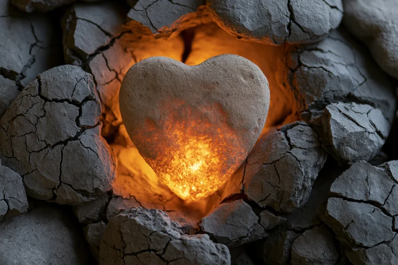 Glowing heart-shaped stone embedded in cracked earth emitting warm amber light