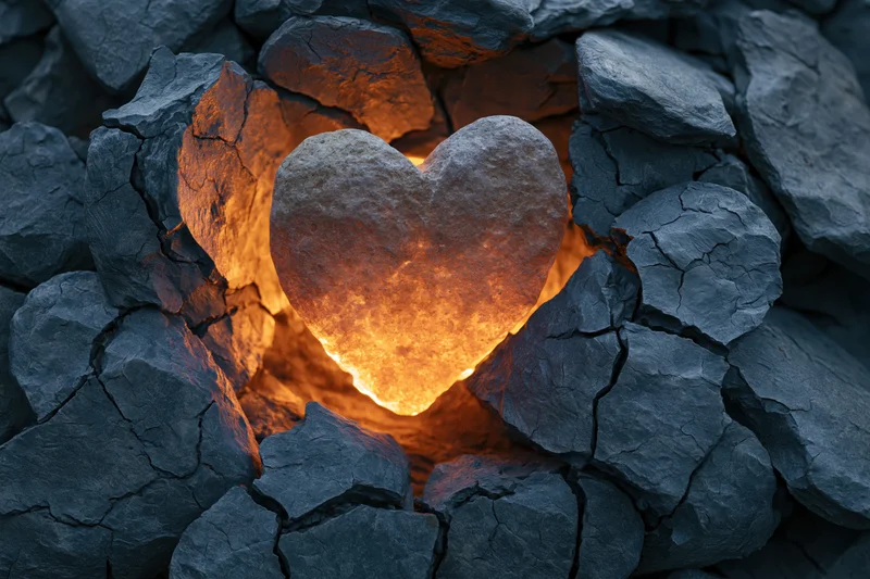 Glowing heart-shaped stone embedded in cracked dark rock formation