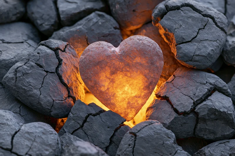 Glowing heart-shaped stone among dark coal pieces emitting warm amber light