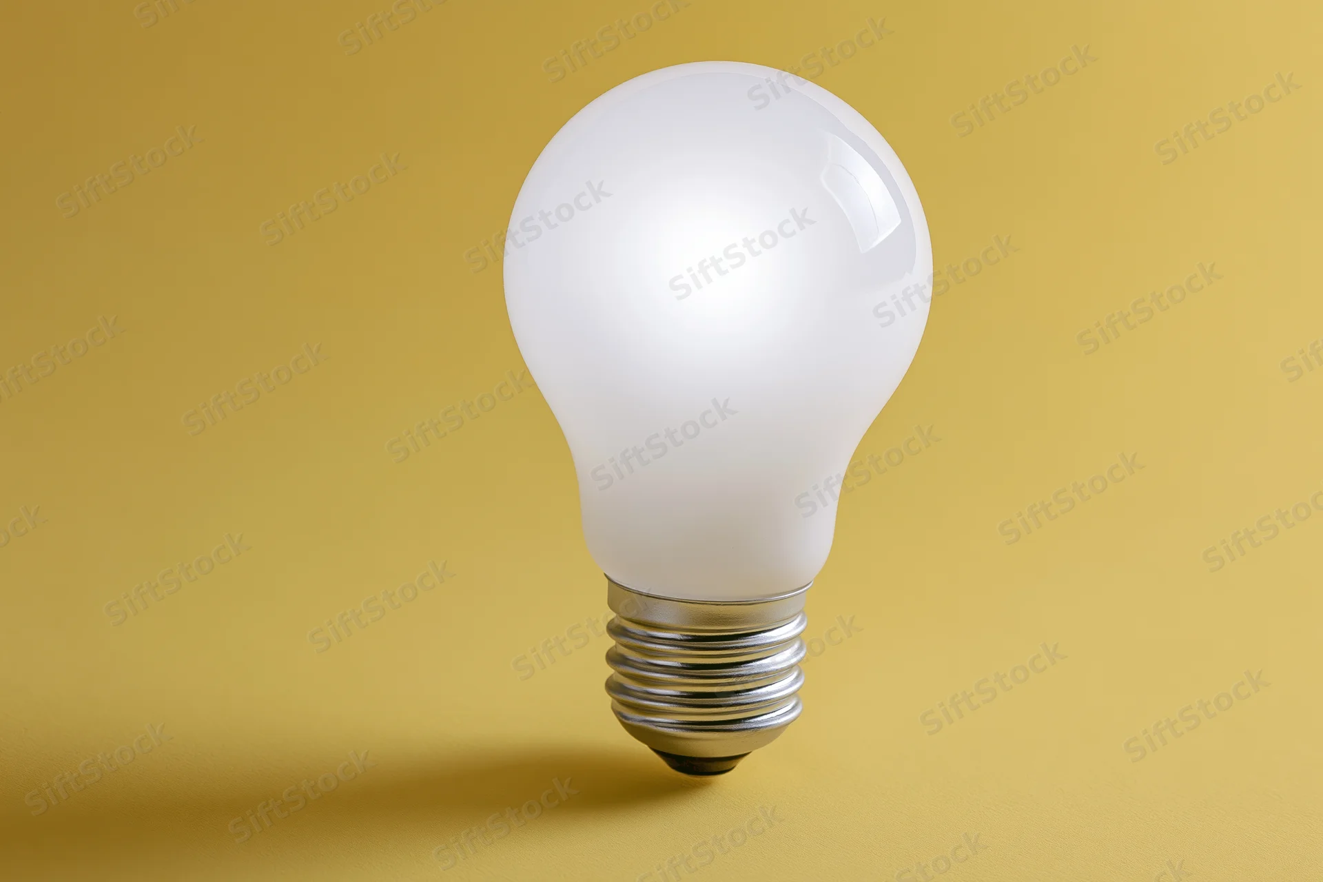 Glowing incandescent light bulb centered on yellow background