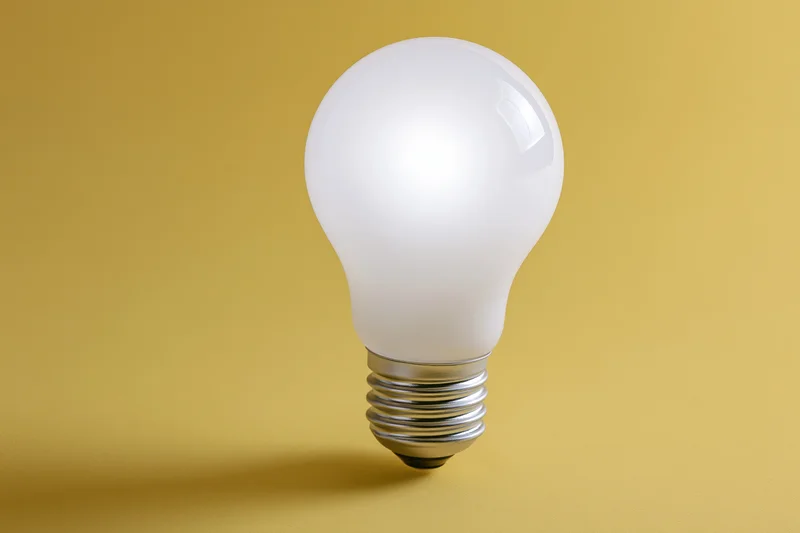 Glowing incandescent light bulb centered on yellow background