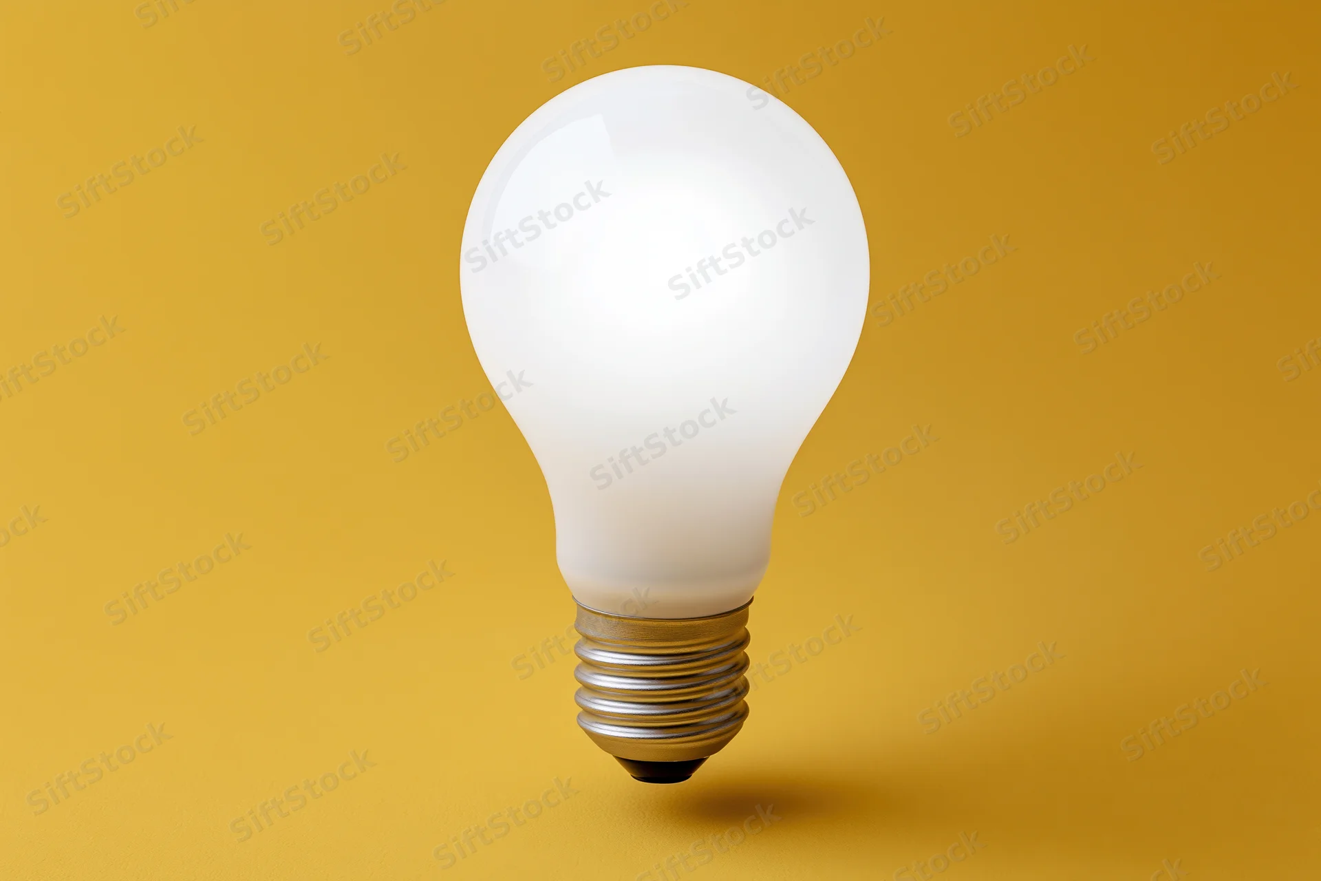 Glowing incandescent light bulb floating centered against a yellow background