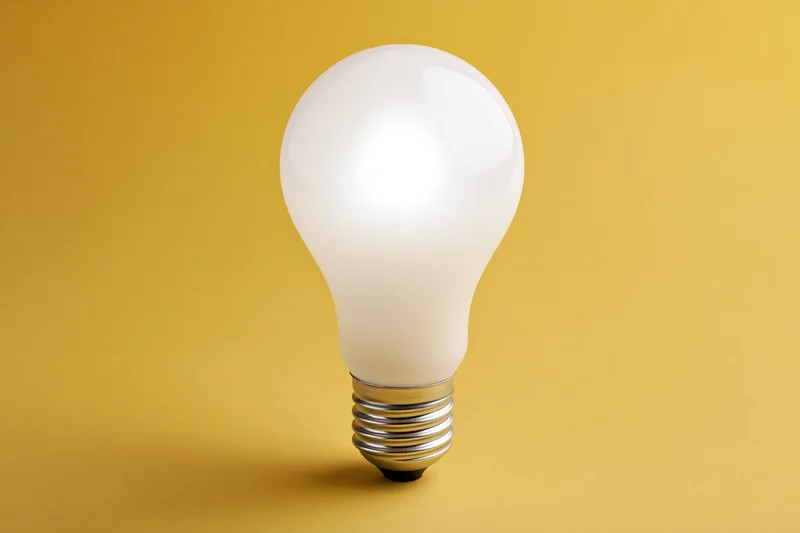 Glowing incandescent light bulb centered on a yellow background with copyspace