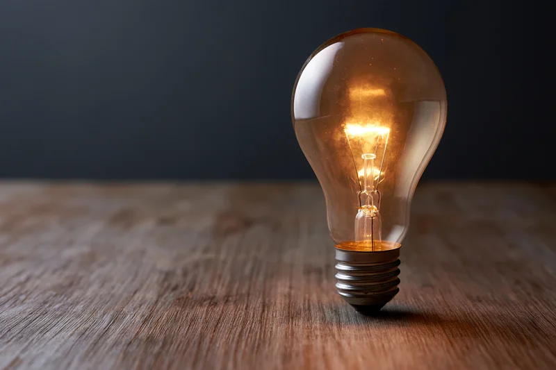 Glowing incandescent light bulb on wooden table with dark background
