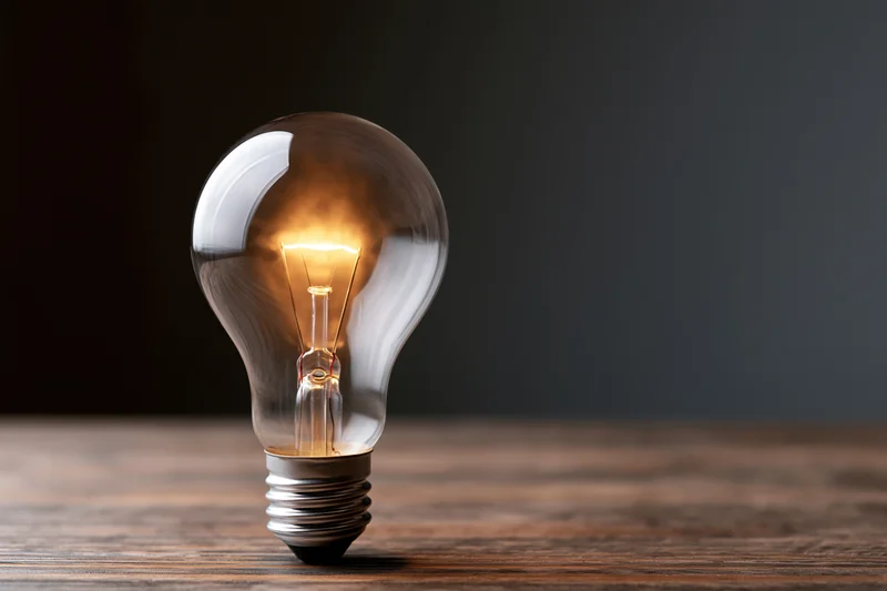 Glowing incandescent light bulb on wooden table against dark background