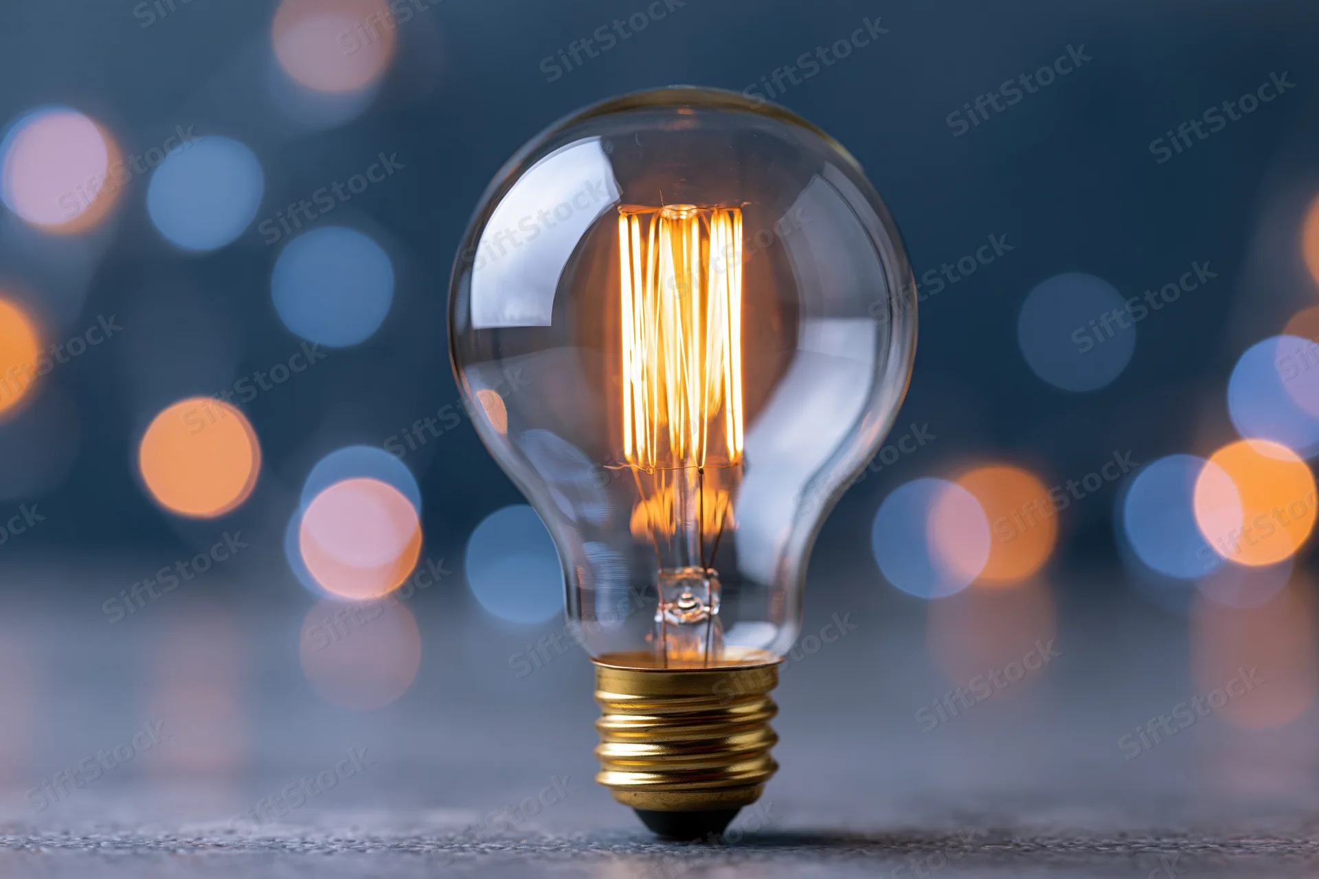 Glowing incandescent light bulb with visible filament standing on a textured surface against a blurred bokeh background