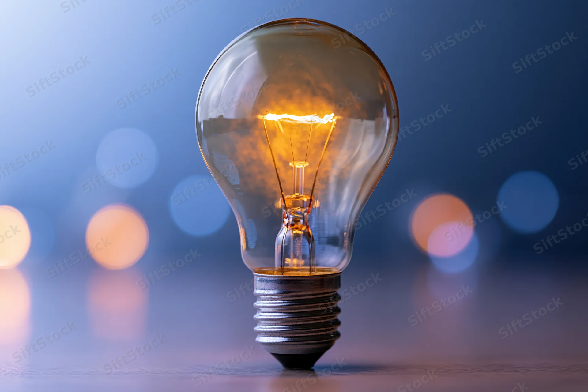 Glowing incandescent light bulb standing upright on a reflective surface with blurred bokeh lights in the background
