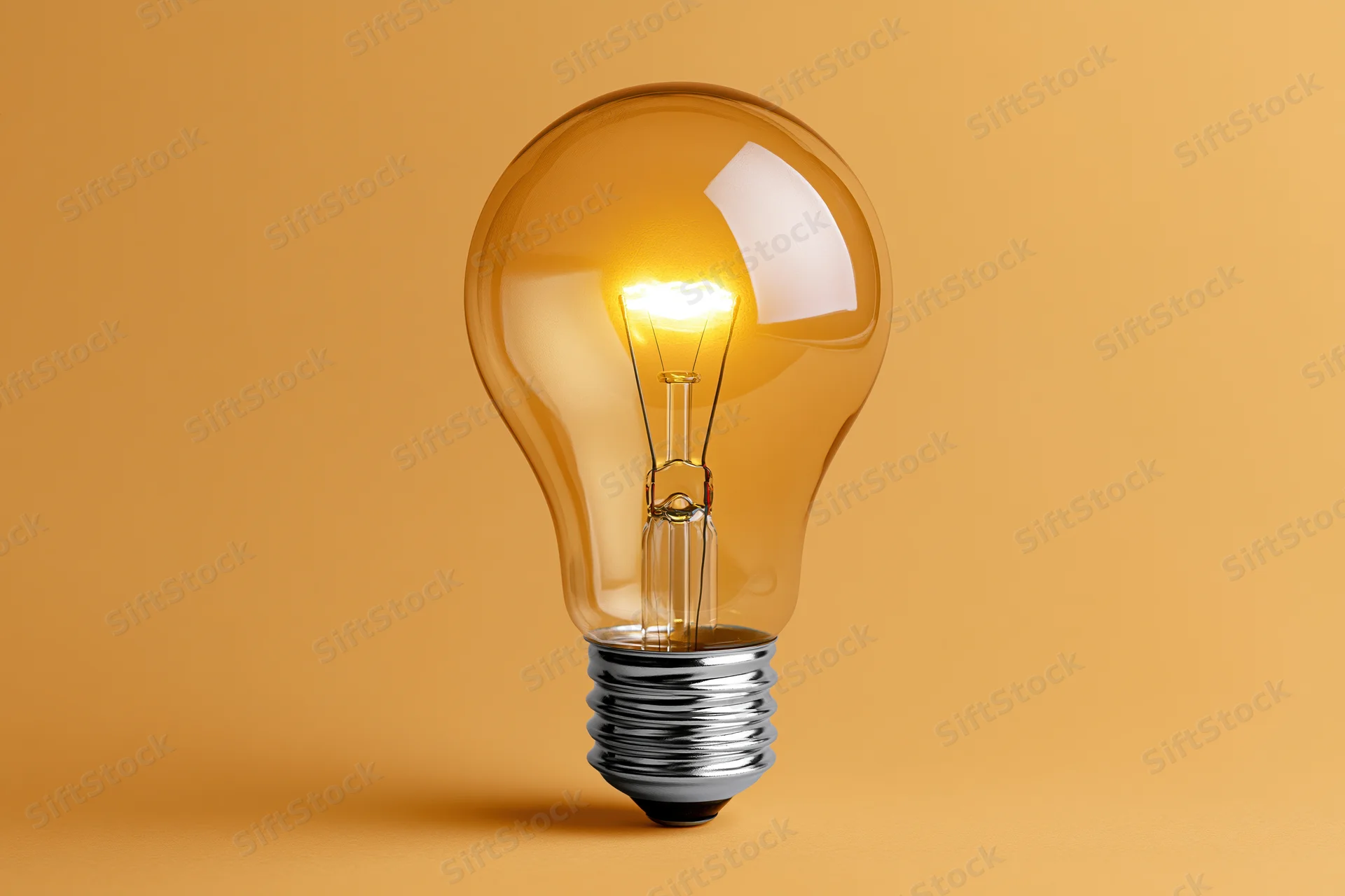 Glowing incandescent light bulb with visible tungsten filament on warm orange background