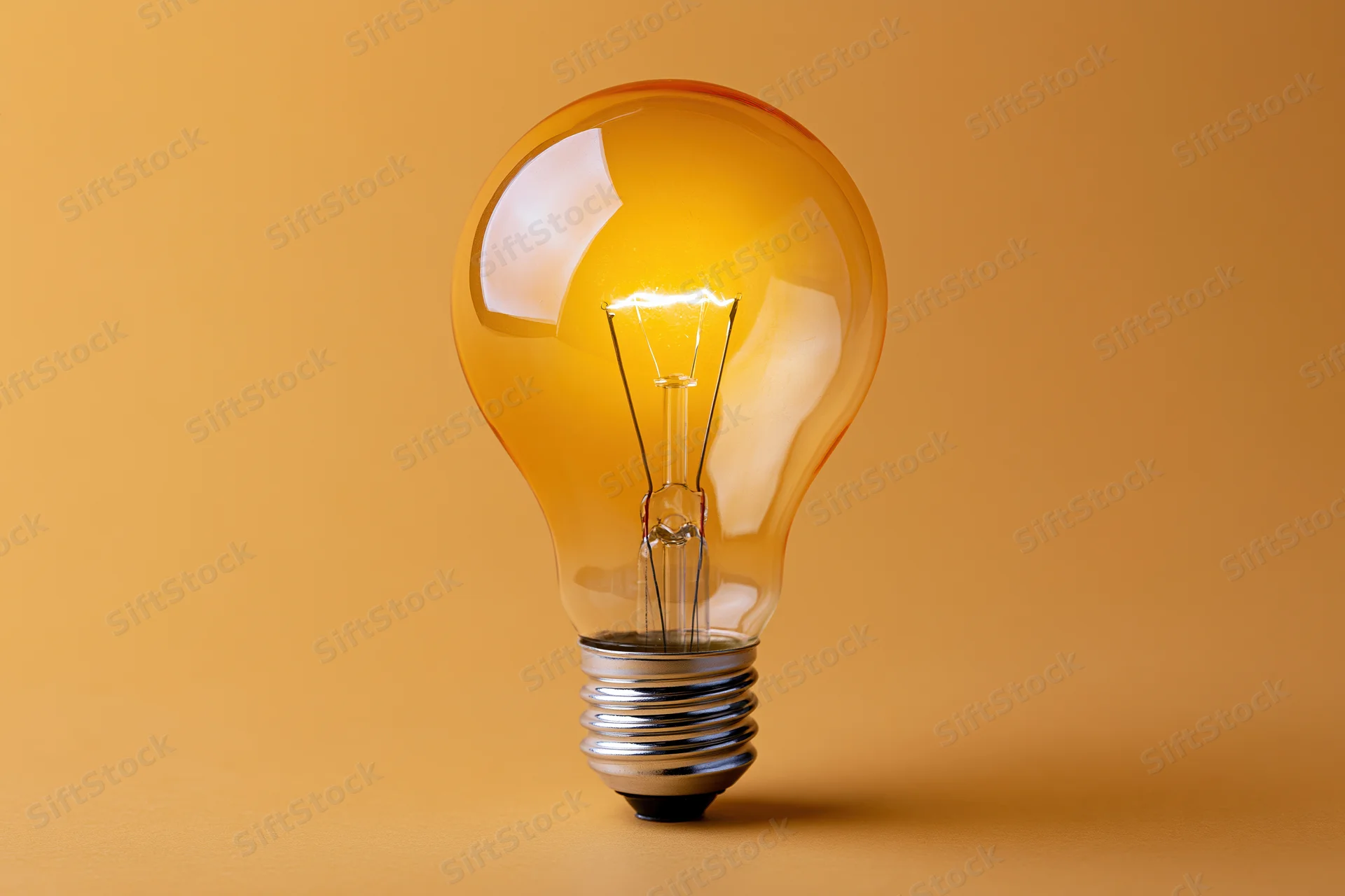 Glowing incandescent light bulb with visible tungsten filament on warm orange background