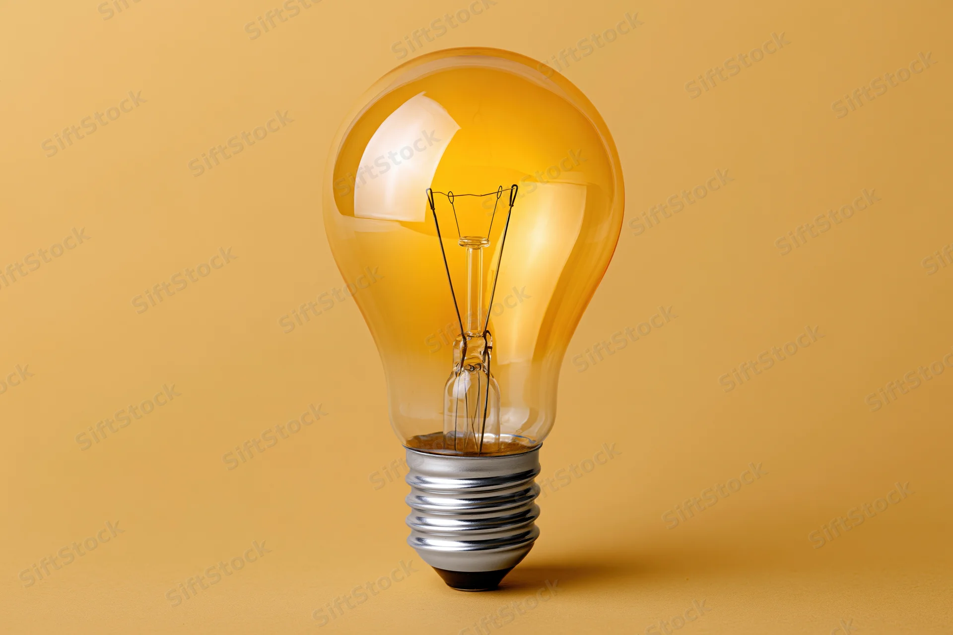 Glowing incandescent light bulb with visible tungsten filament on a warm yellow background