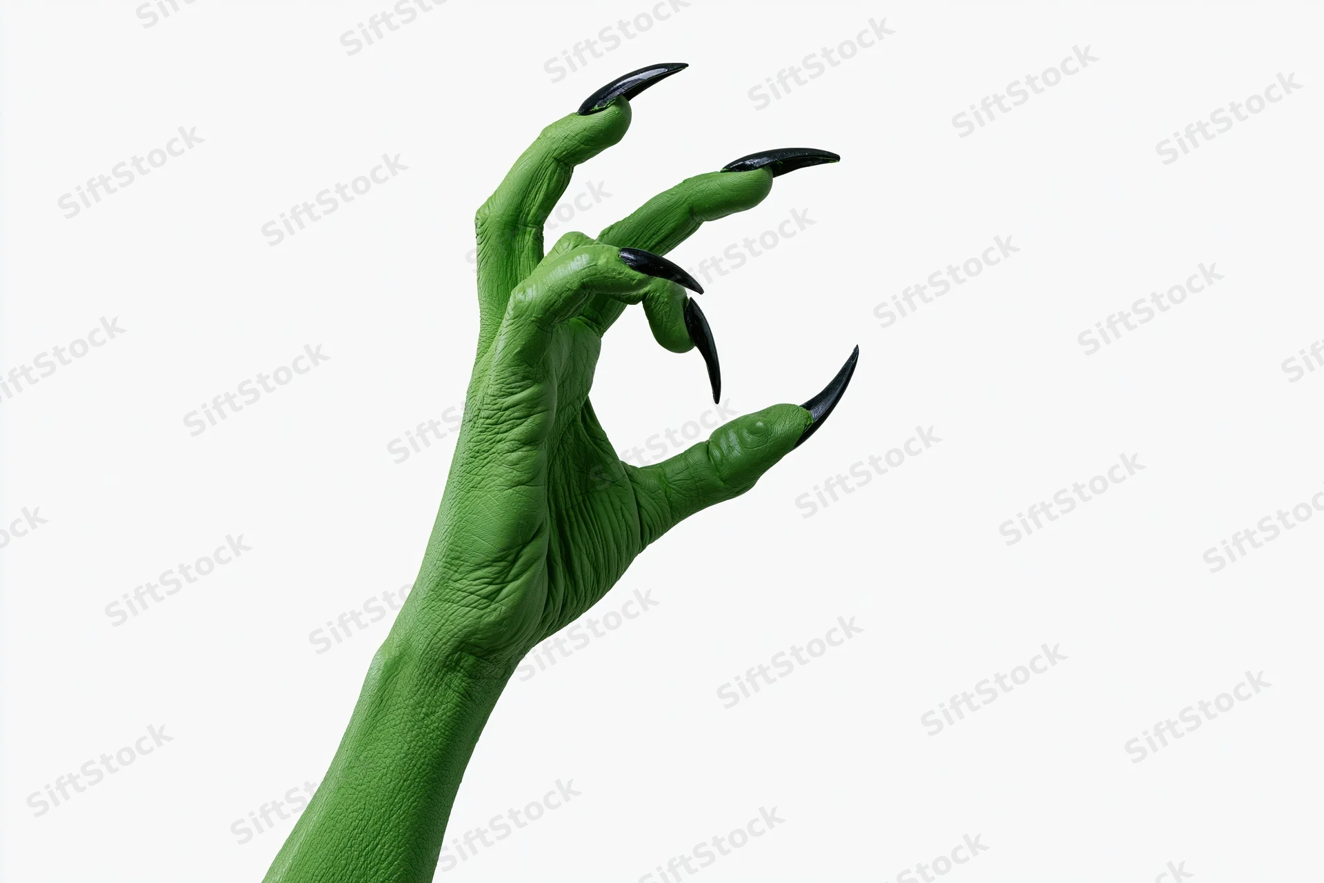 Green-painted hand with sharp black claws reaching upward against white background