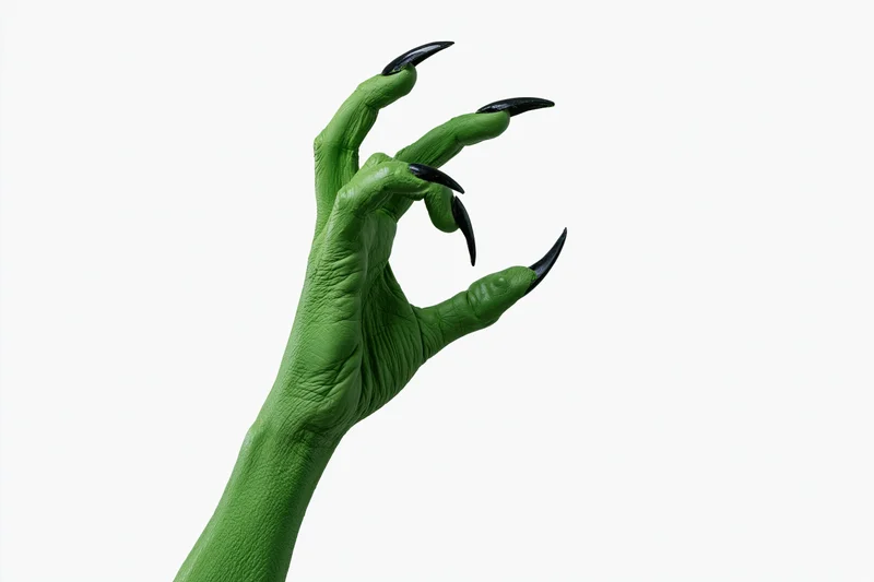Green-painted hand with sharp black claws reaching upward against white background