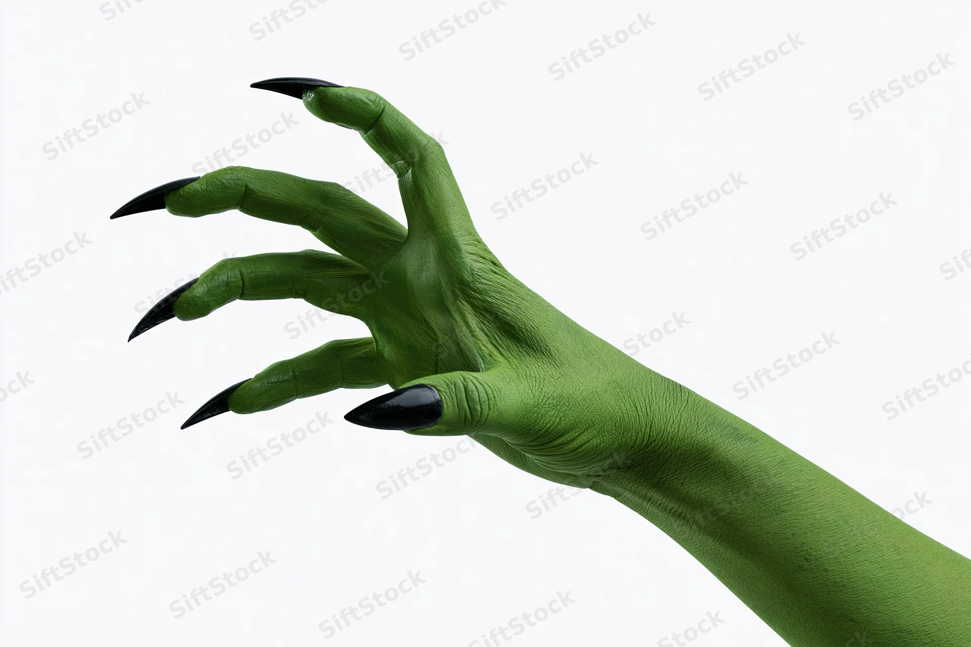 Green-painted hand with long black claws reaching against white background