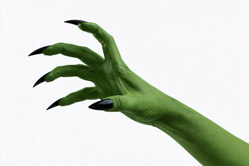 Green-painted hand with long black claws reaching against white background