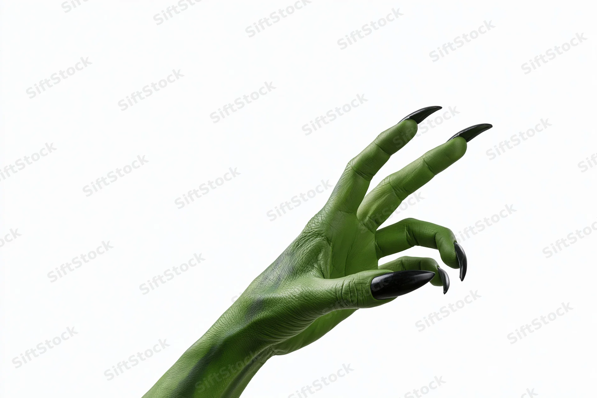 Green-painted hand with long black claws reaching upward against white background
