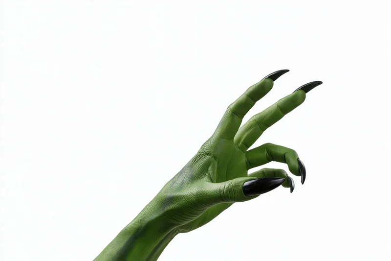 Green-painted hand with long black claws reaching upward against white background