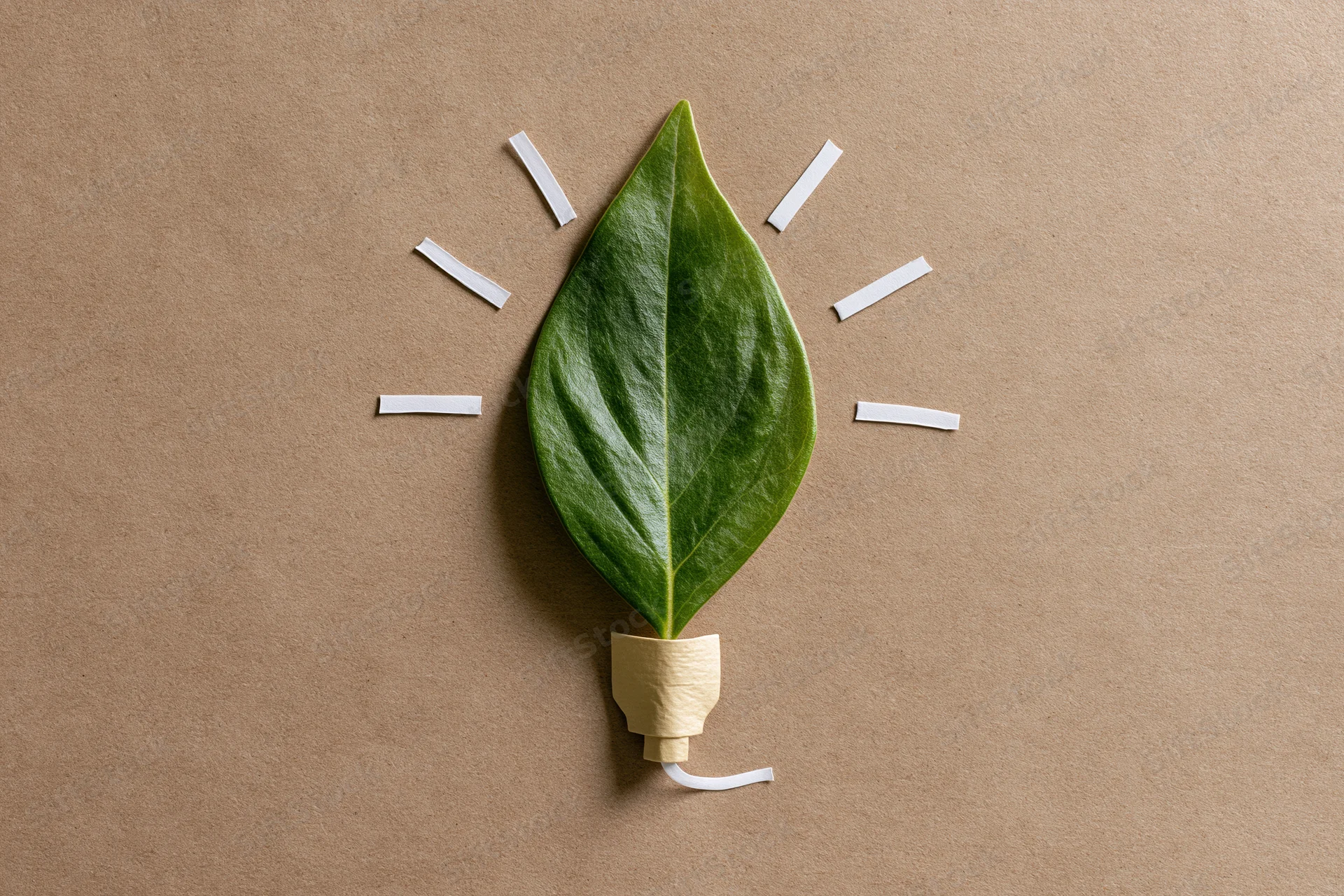 Green leaf shaped like a lightbulb on kraft paper background