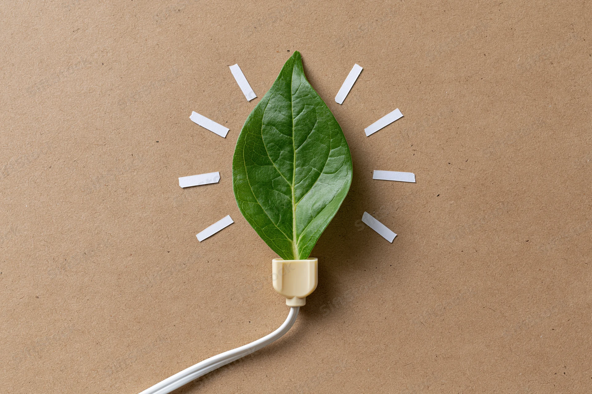 Green leaf shaped like a lightbulb with white rays on kraft paper background