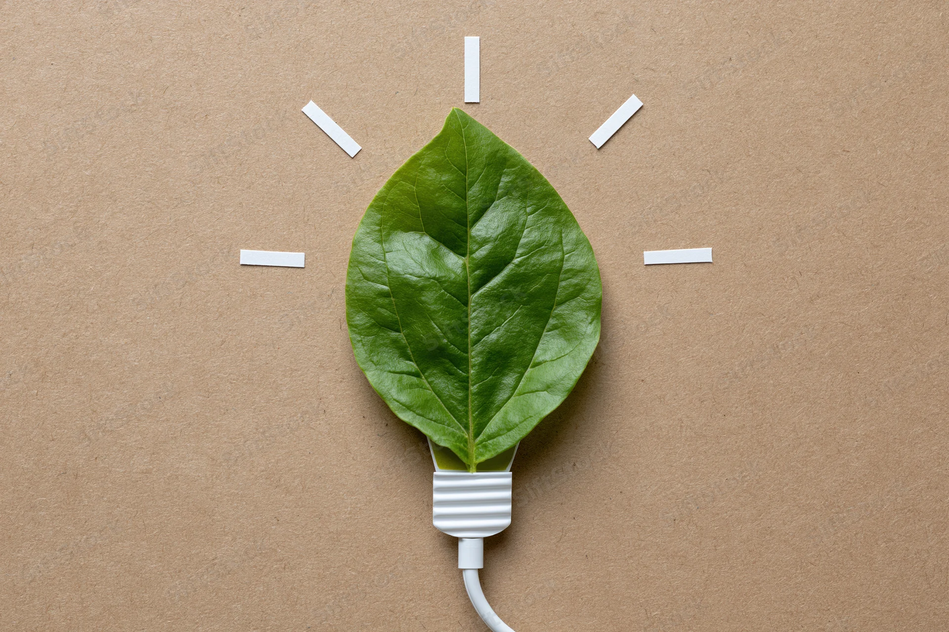 Green leaf shaped like a lightbulb with white cable on kraft paper background