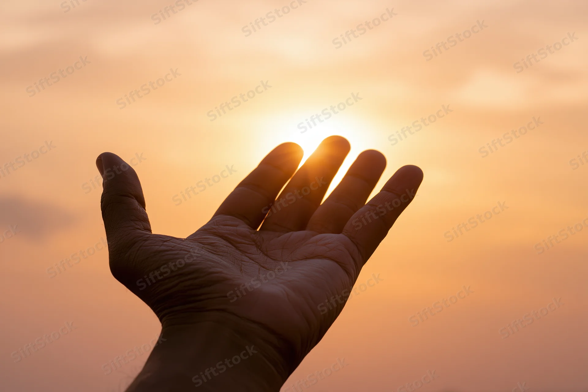 Hand held open palm-up against glowing sunset sky