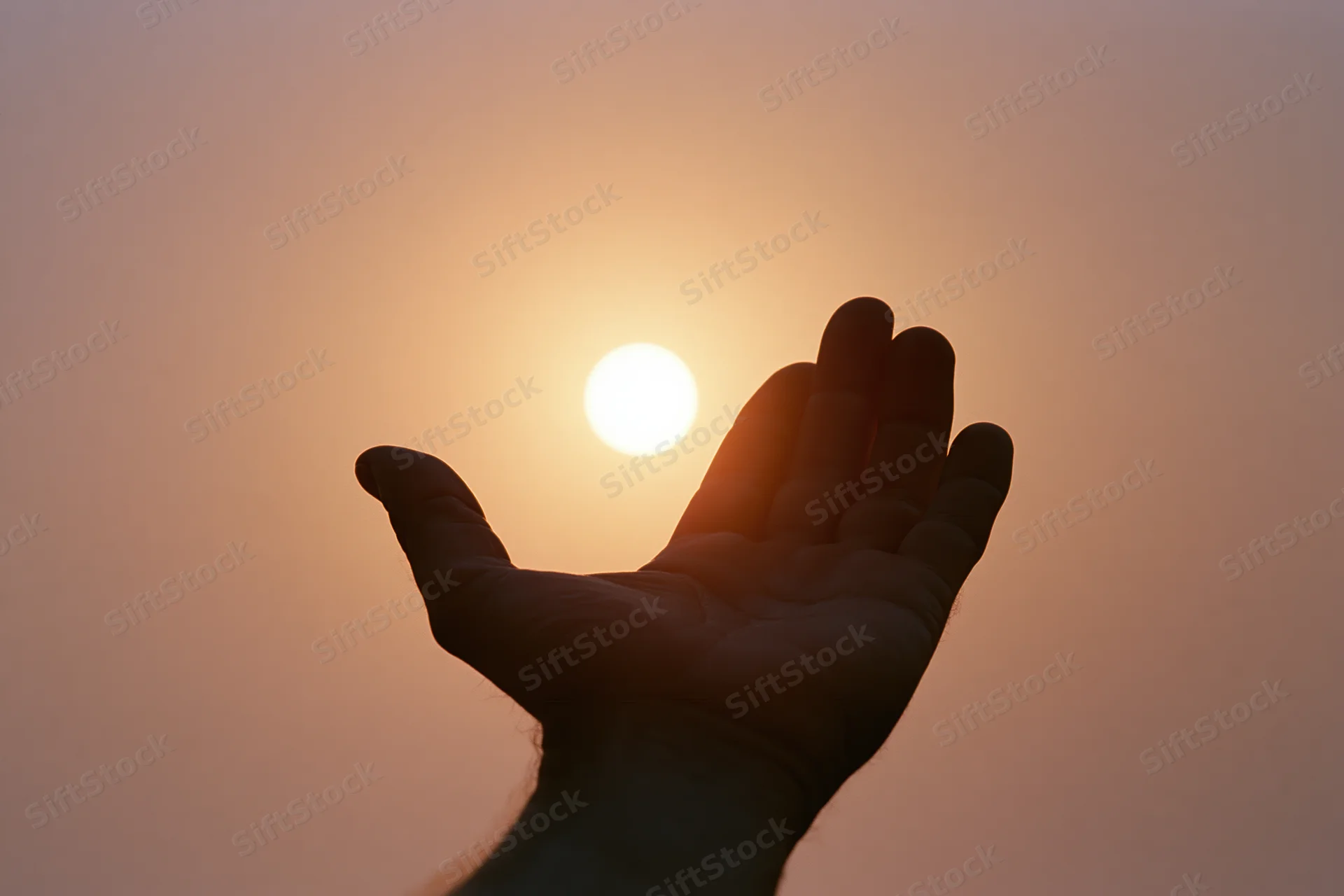 Hand held palm-up against setting sun in twilight sky