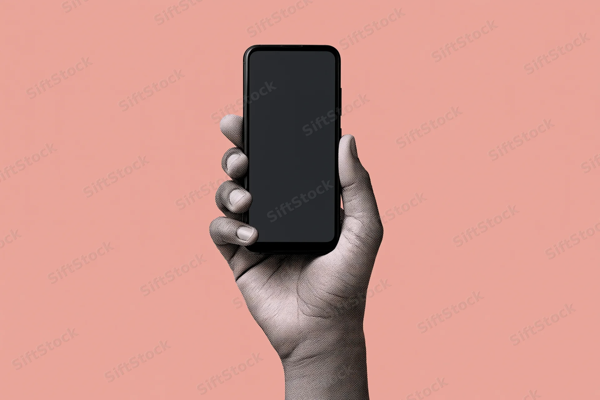 Hand holding black smartphone with blank screen against pink background