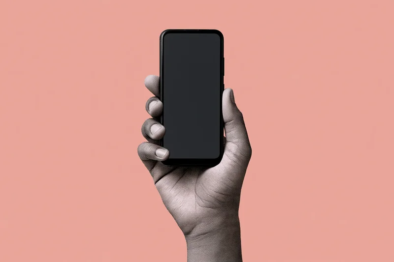 Hand holding black smartphone with blank screen against pink background